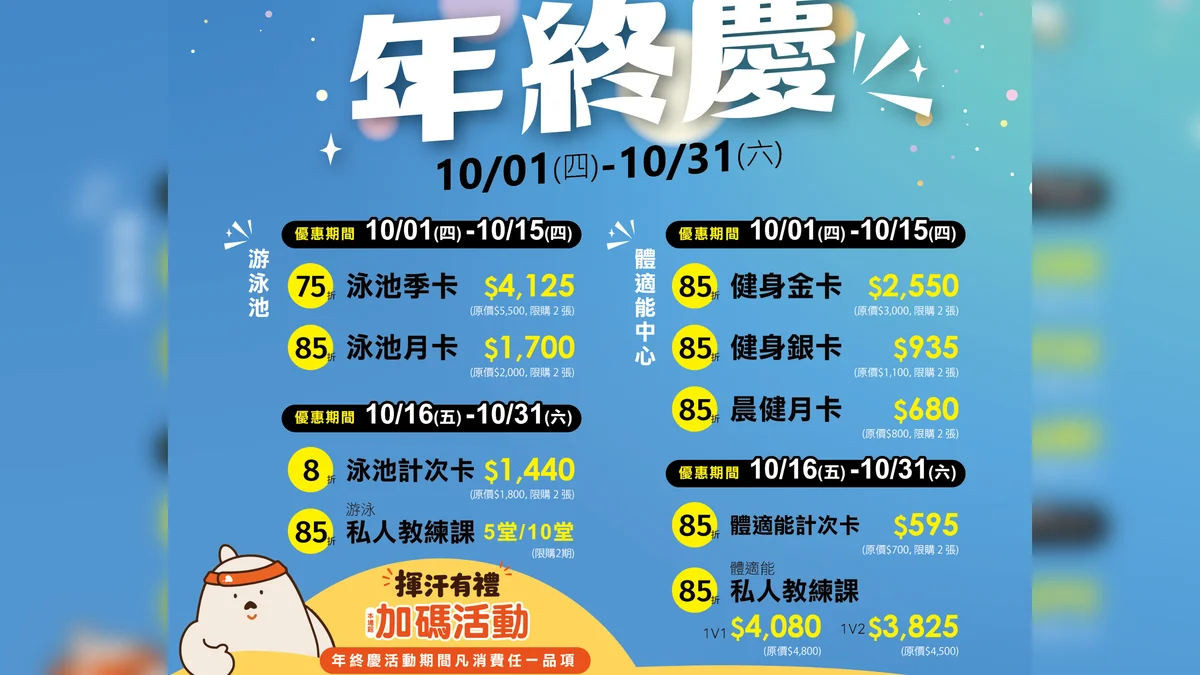 市立游泳池十月年終慶 泳卡健身卡分兩階段優惠