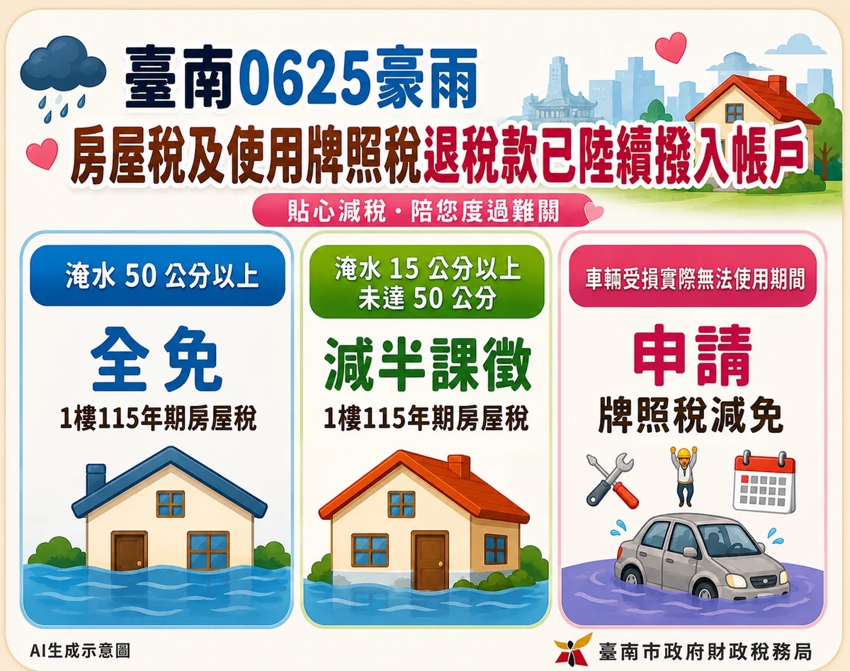 0625豪雨後稅款陸續入帳 台南淹水住戶房屋稅主動減免