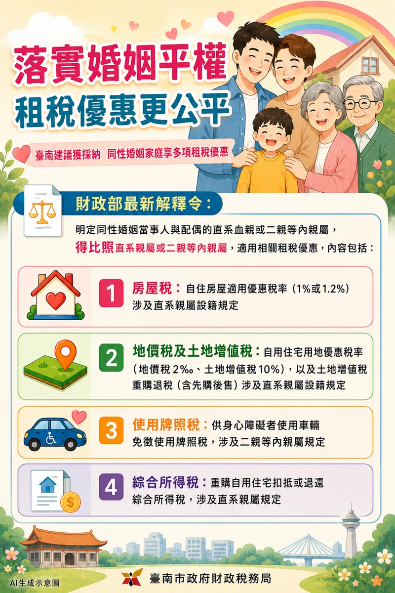 同性婚姻家庭稅惠再放寬 臺南建議獲財政部採納