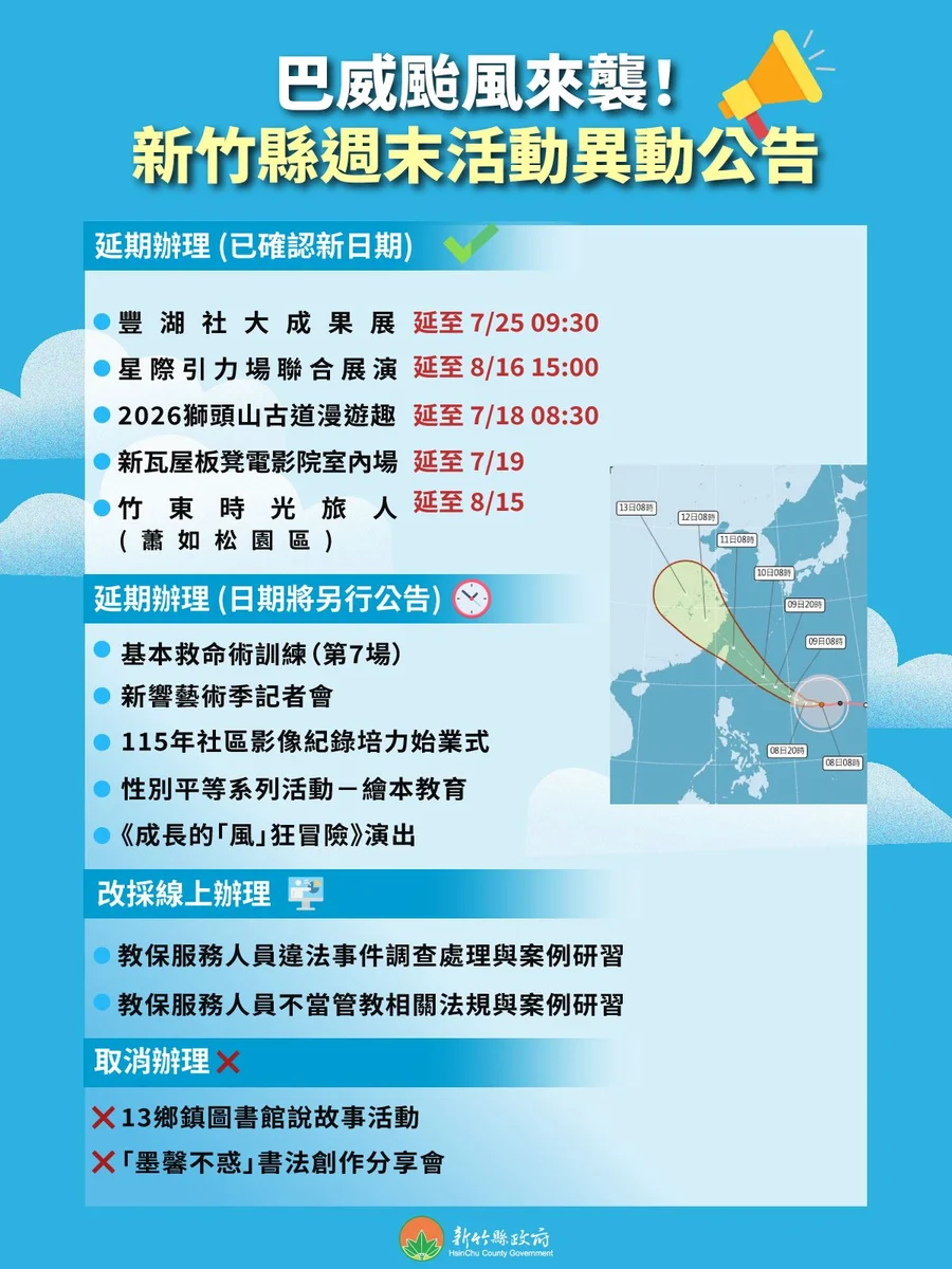 巴威逼近打亂週末　新竹縣多場活動延期取消或改線上