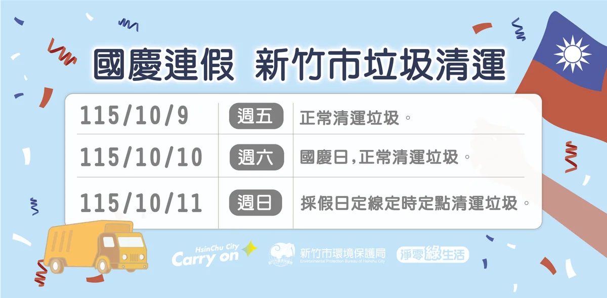 新竹市國慶連假垃圾照收 十月十一日改採假日定點清運