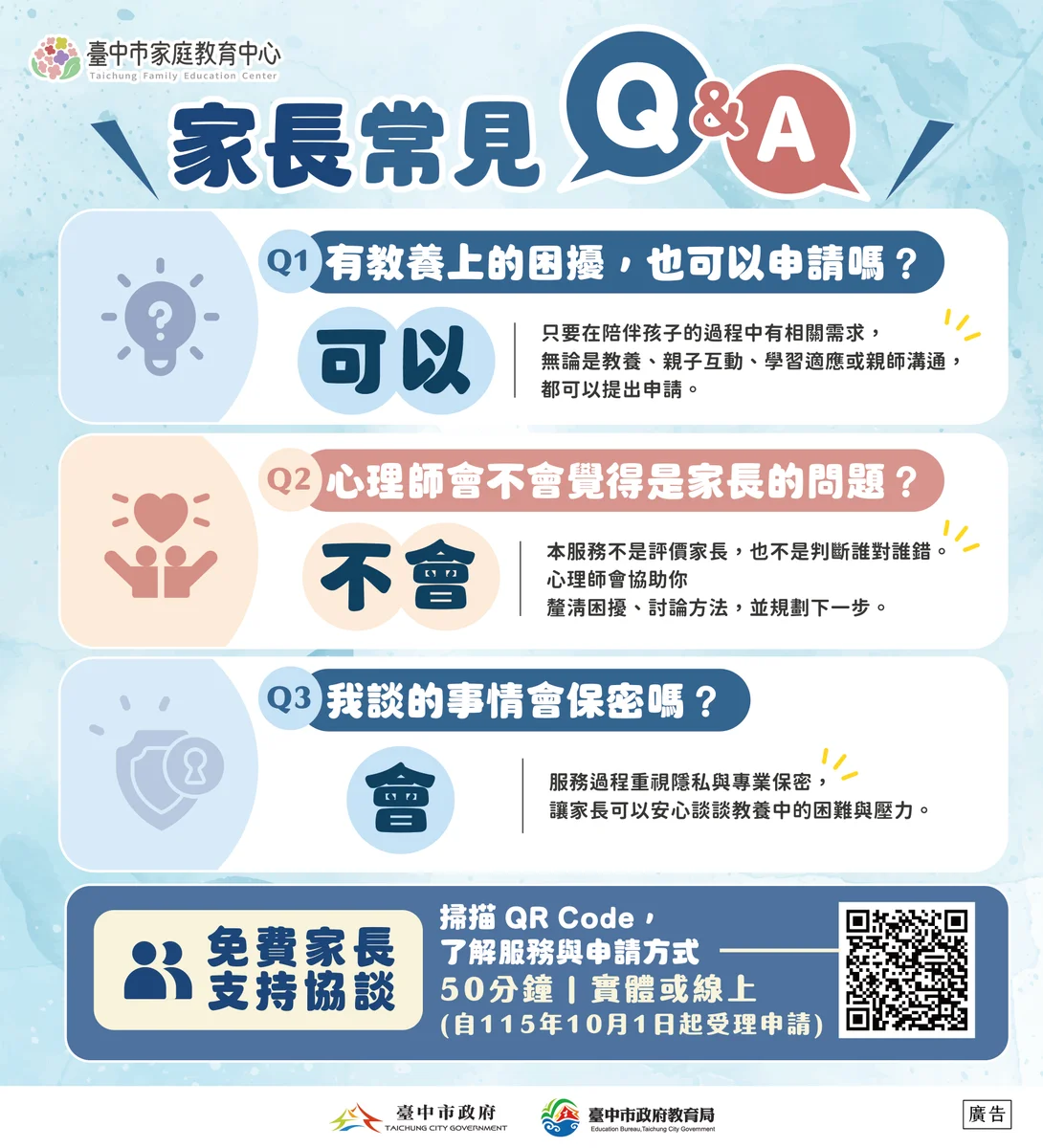 教養卡關有人可談 台中為家長安排心理師協談