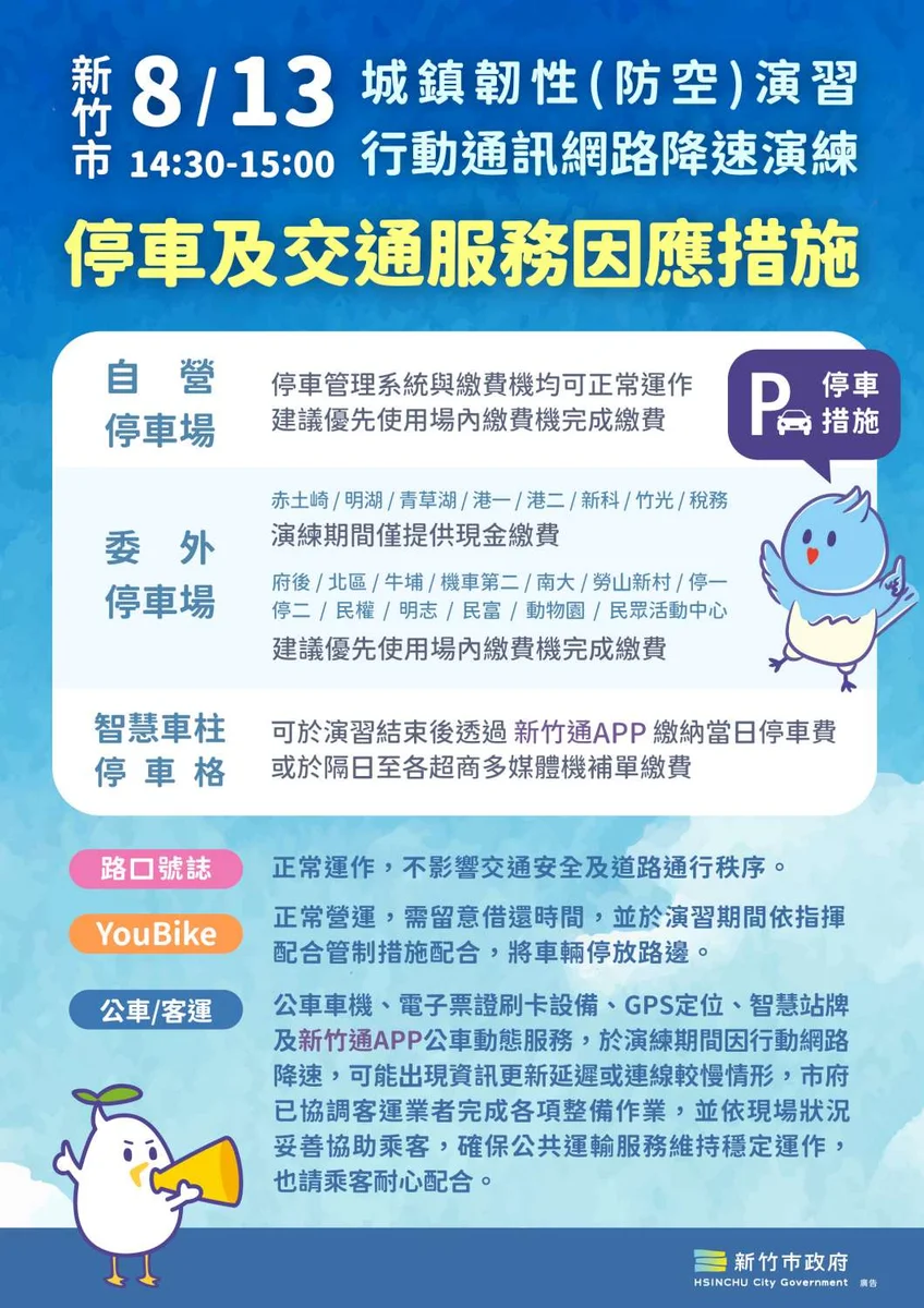 新竹13日防空演習網路降速　停車繳費與公車資訊可能變慢