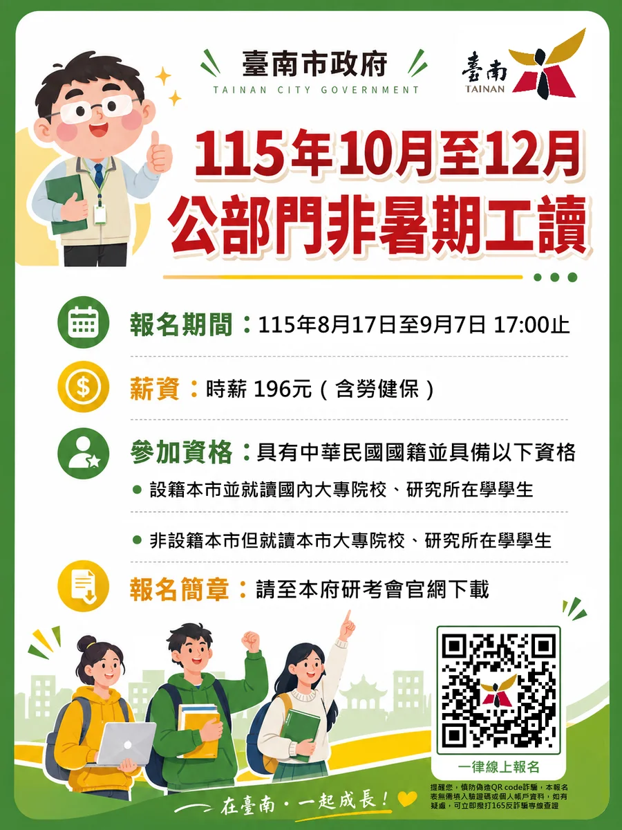 台南公部門非暑期工讀開放報名　22名額至9月7日