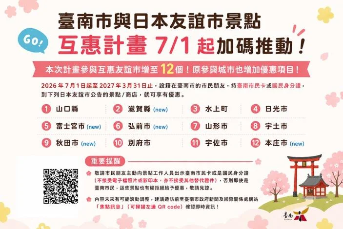 台南市民去日本玩更省錢 7月1日起帶身分證暢遊12座合作城市享優惠