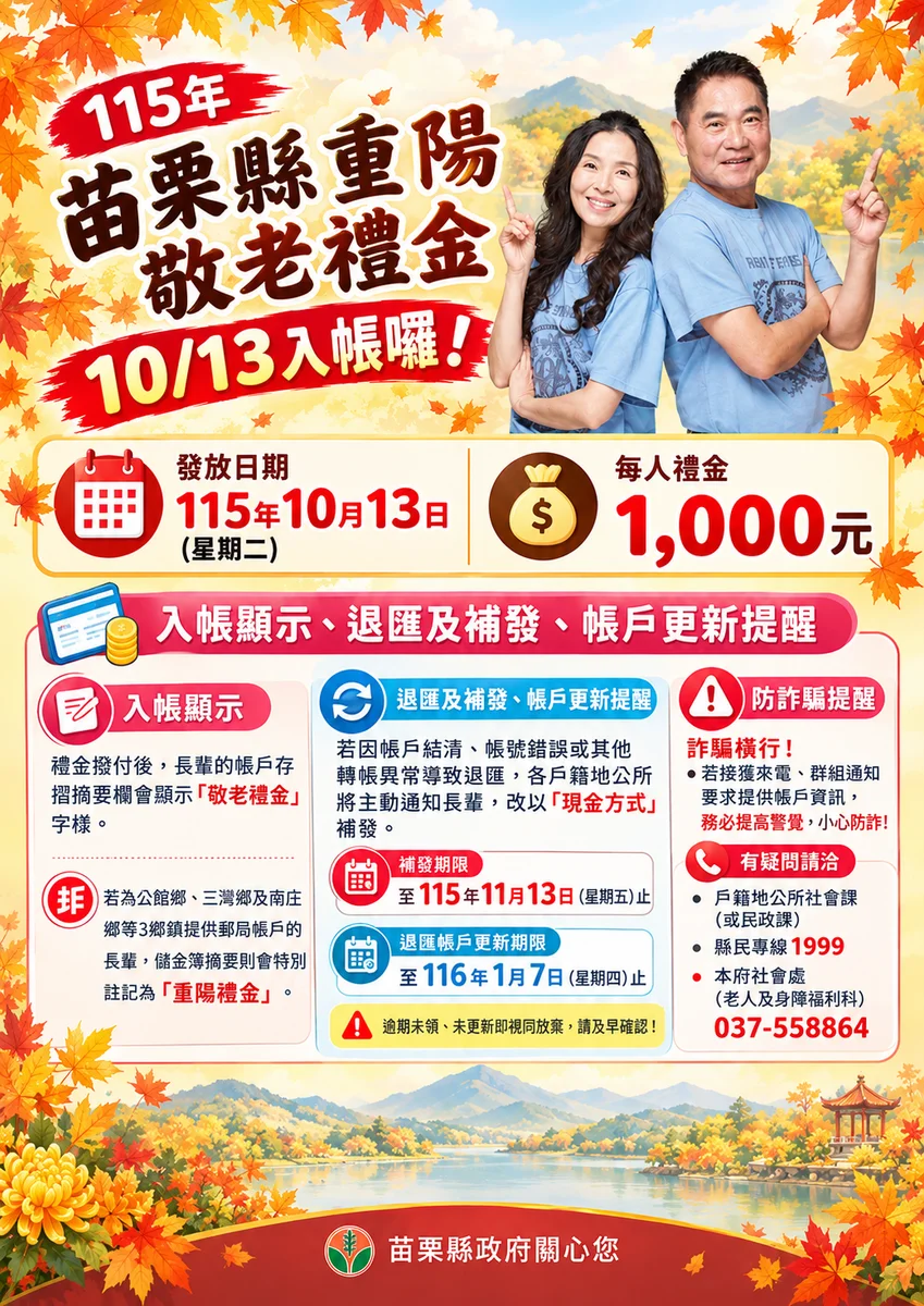 苗栗重陽敬老禮金十月十三日發放　長輩每人領千元
