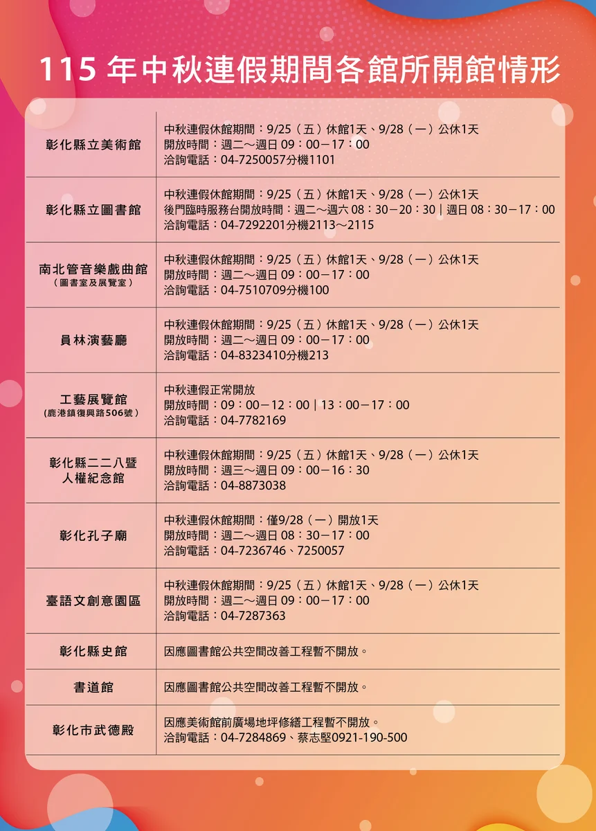 中秋連假逛彰化文化場館 開館時間與戲曲活動一次看