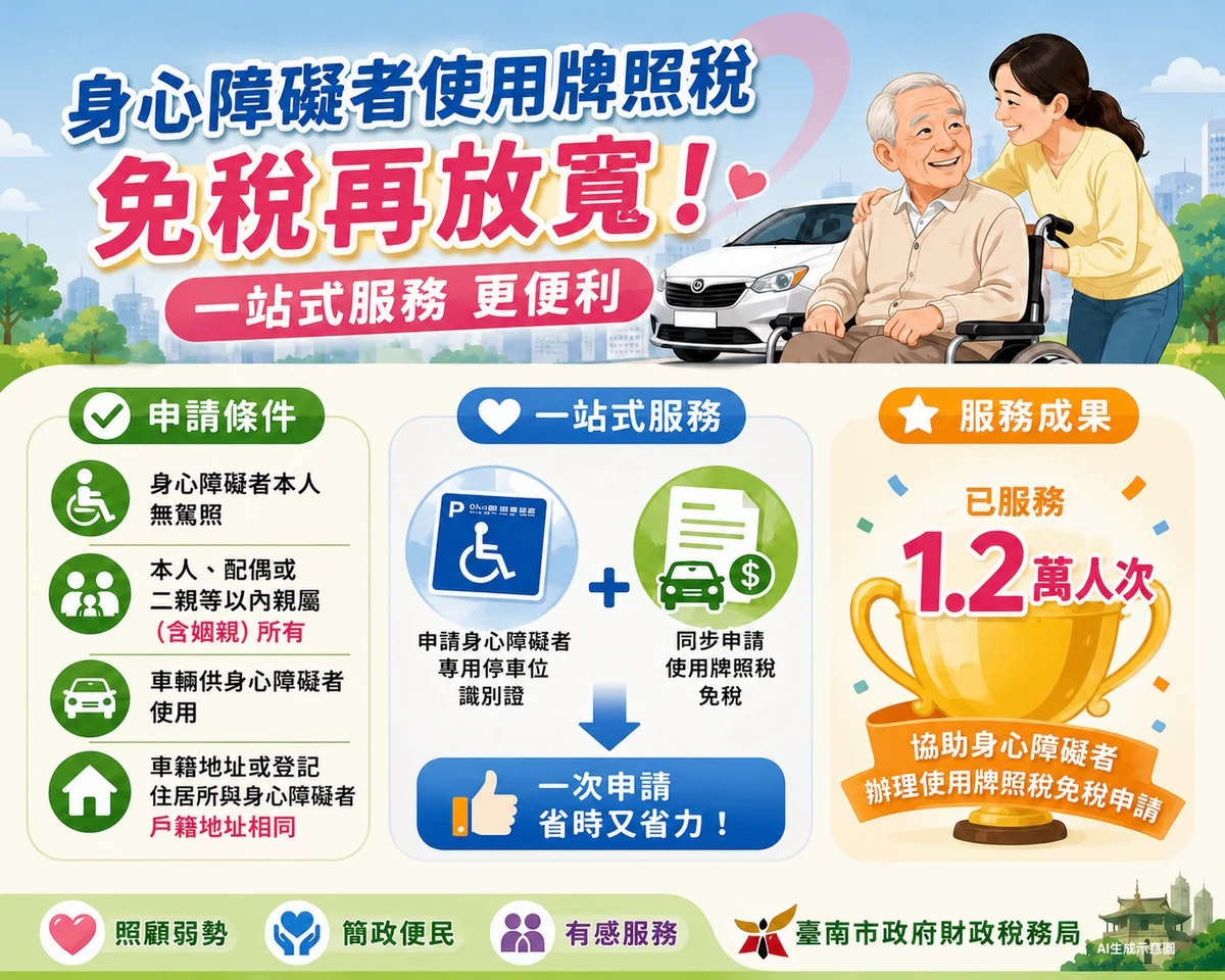 不同戶也能申請免牌照稅 臺南放寬身障家庭用車規定