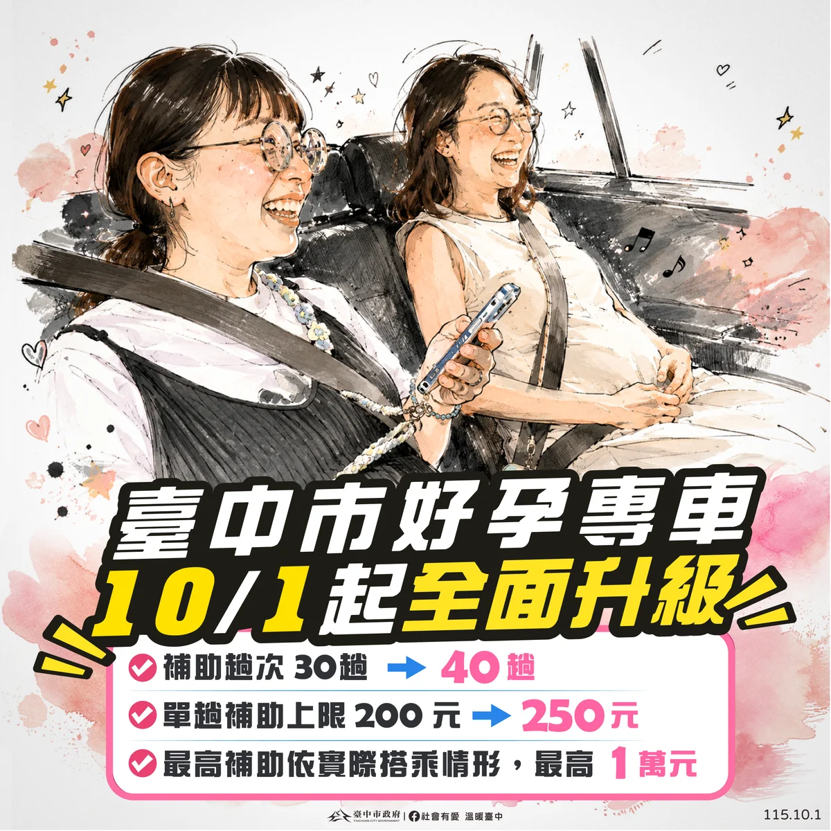 台中好孕專車加碼上路 孕婦乘車最高補助1萬元