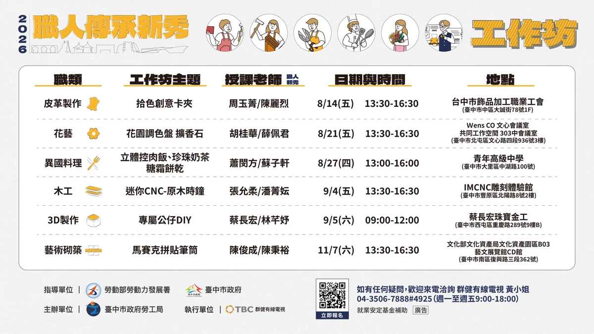 台中職人新秀講座仍可報名 工作坊首日額滿