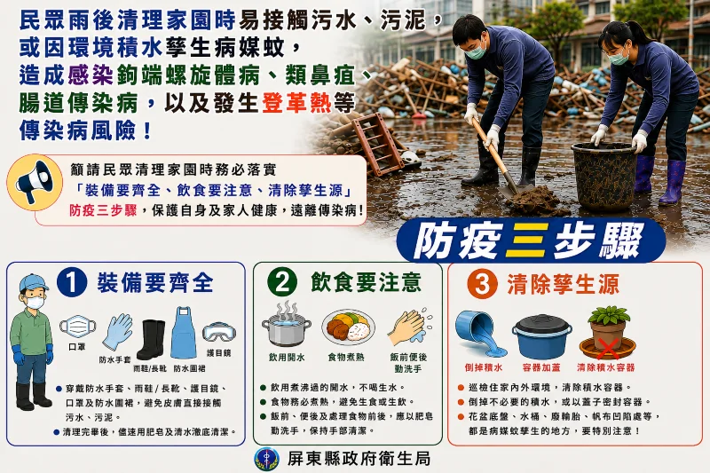 豪雨過後先別急著徒手清理 屏東衛生局提醒防疫三步驟