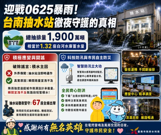 67座抽水站徹夜抽排 台南豪雨累計排出1900萬噸水