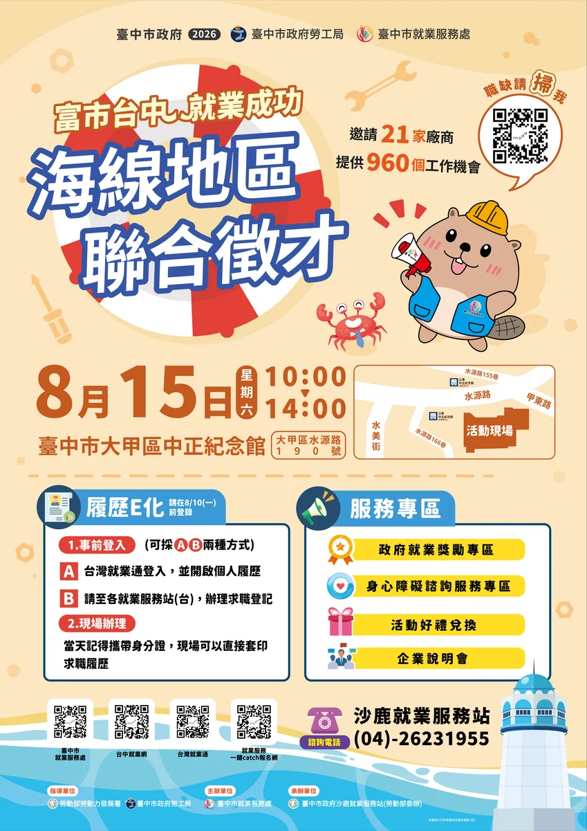 海線找工作不用跑遠 大甲8月15日釋出960個職缺