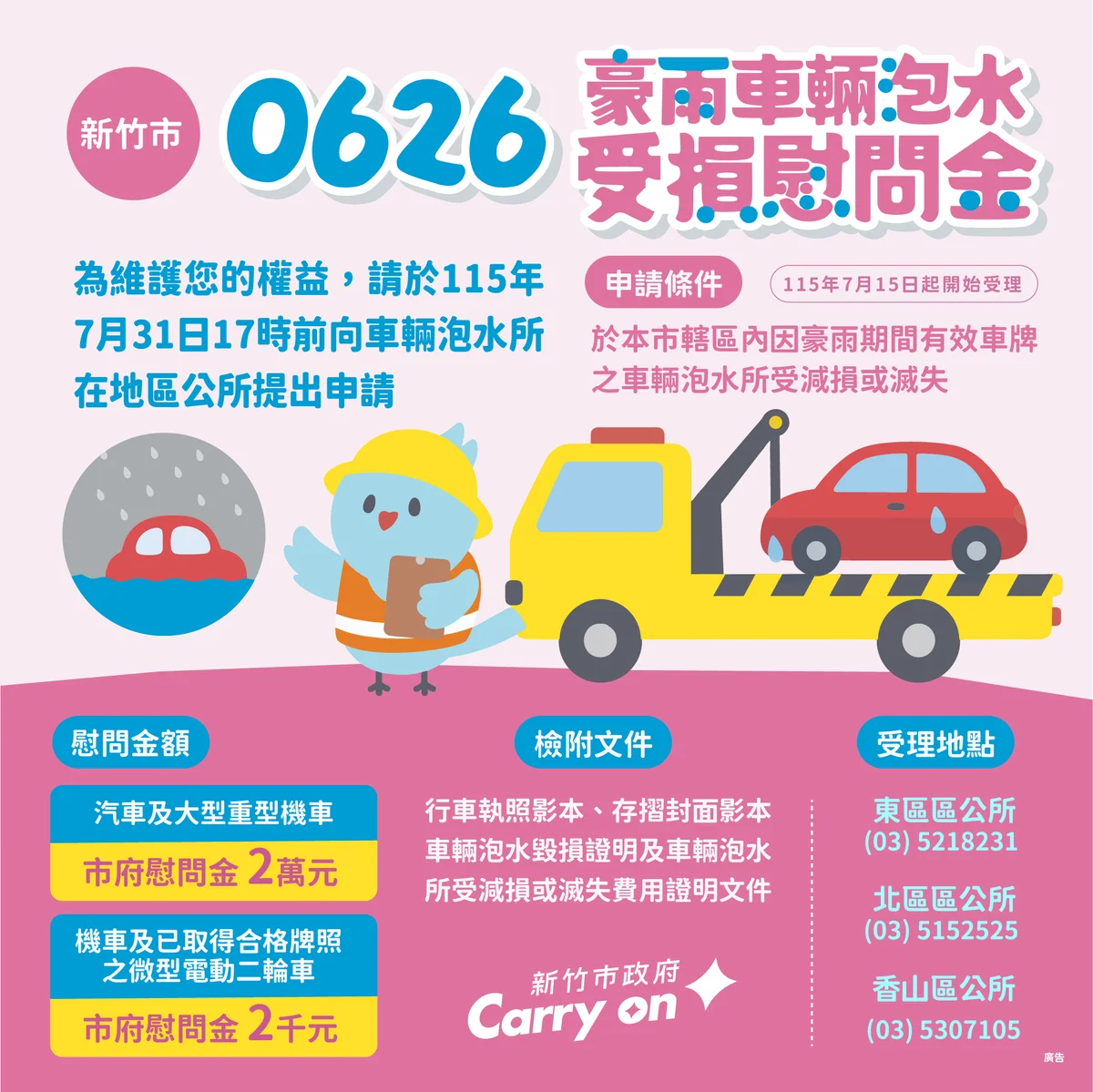 新竹豪雨車輛泡水受損　7月15日起可申請慰問金