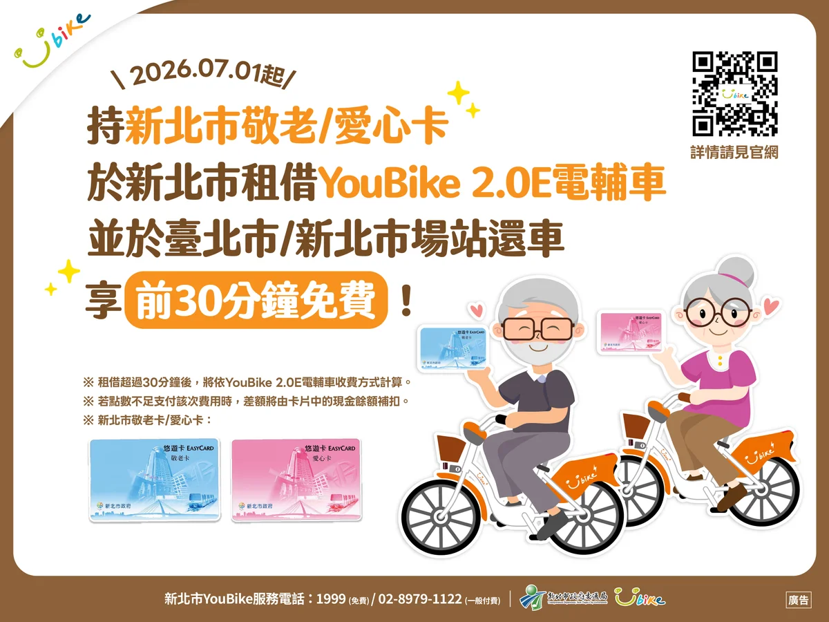新北敬老愛心卡7月升級 YouBike2.0E前30分鐘免費