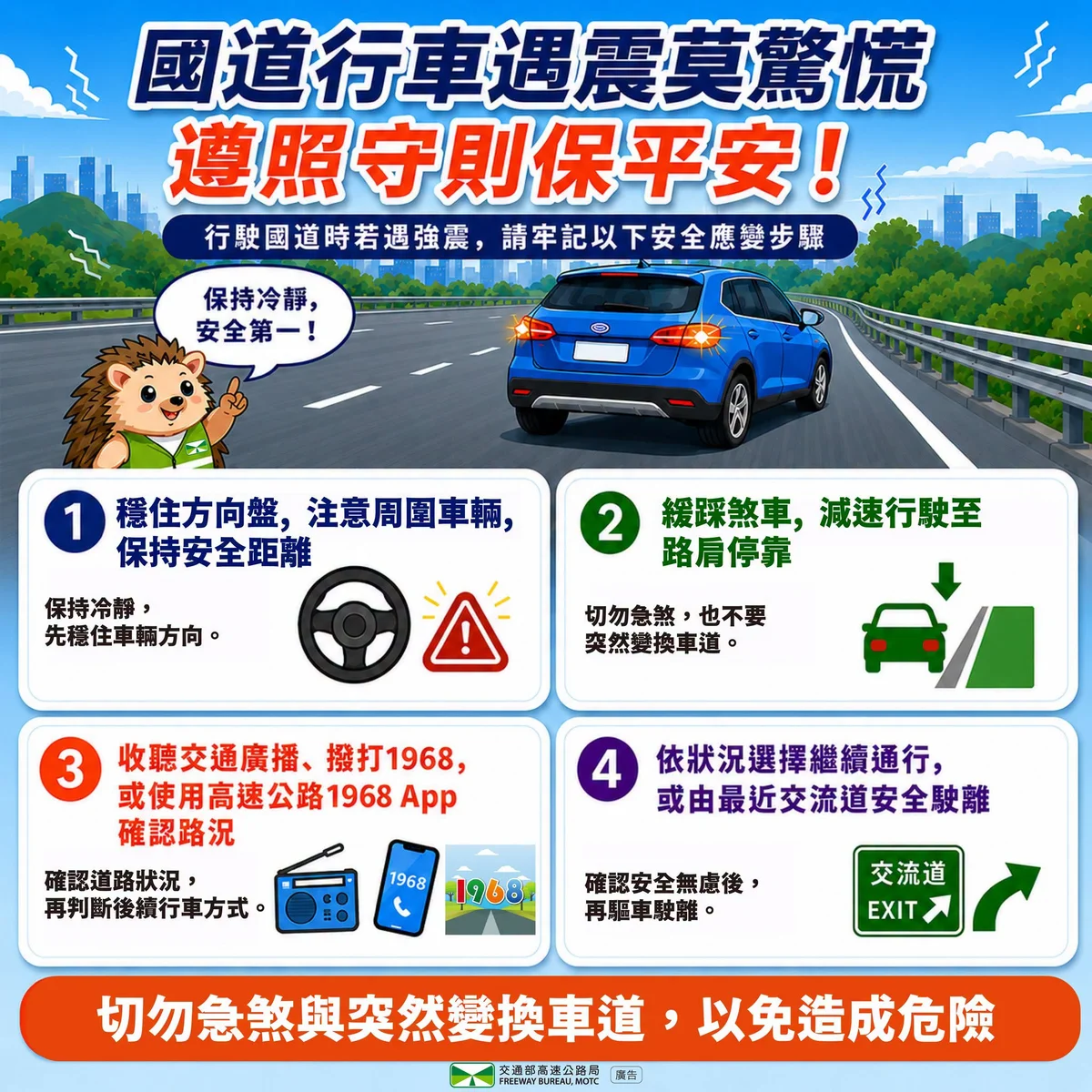 國道行車遇震別急煞 交通隊提醒三步驟穩住車況
