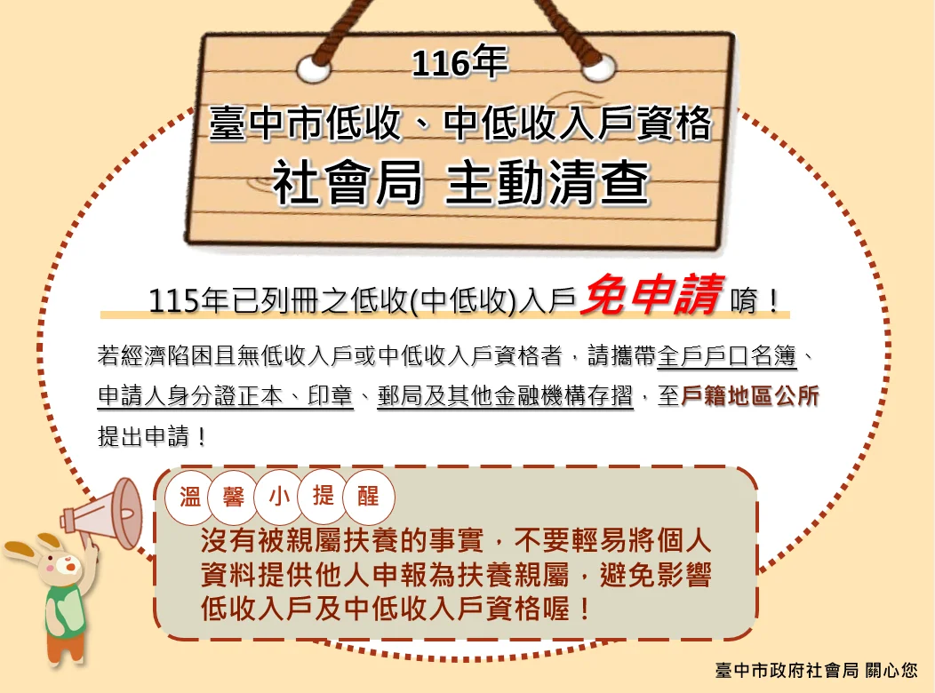 低收資格免再跑區公所 台中十月起主動審查