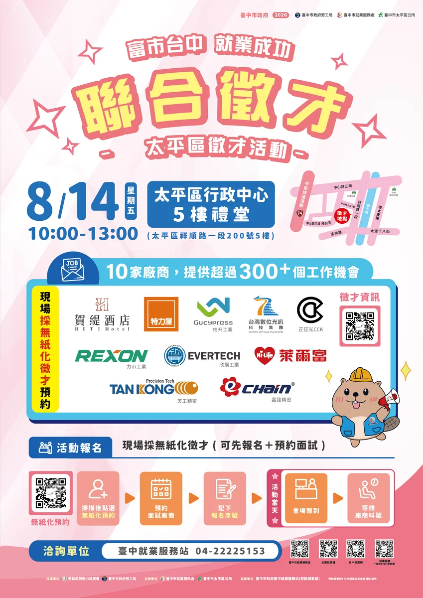 太平8月14日聯合徵才 10家企業釋出逾300個職缺