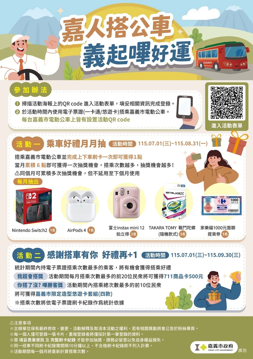 暑假搭嘉義市電動公車 刷卡集點有機會抽Switch2