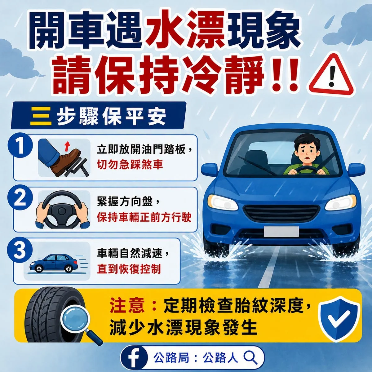 雨天開車遇水漂怎麼辦 交通隊提醒冷靜三步驟