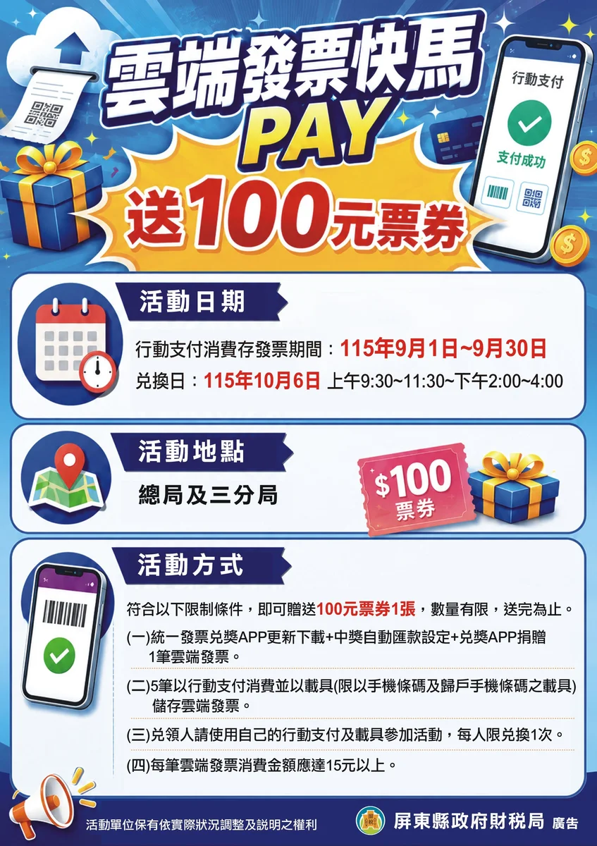 九月存五筆雲端發票 十月可到財稅局換百元票券