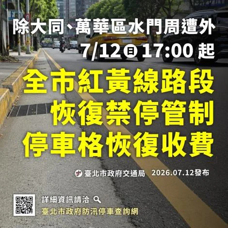 北市紅黃線今下午五點恢復 大同、萬華水門周邊維持停車