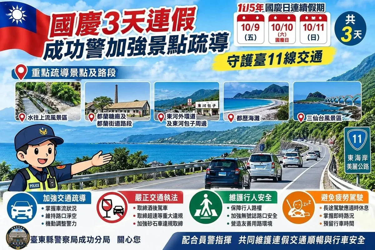 國慶三天連假東海岸迎車潮 成功警加強臺11線疏導