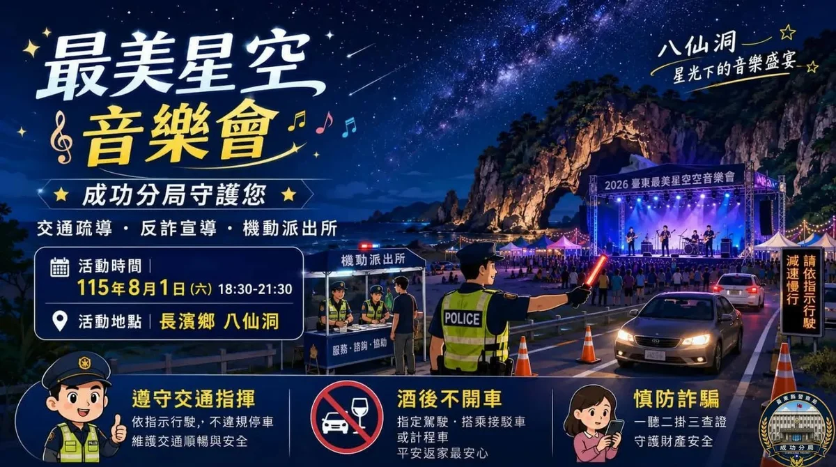 長濱八仙洞週六聽星空音樂　成功警分局設機動派出所護安全