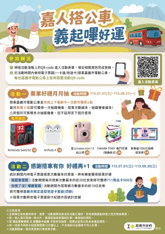 嘉義市暑假搭電動公車集點抽獎　Switch 2等你帶回家