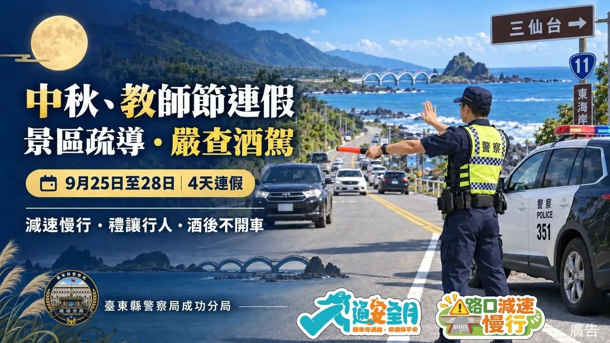 東海岸四天連假車潮將至 成功警公布四處疏導重點