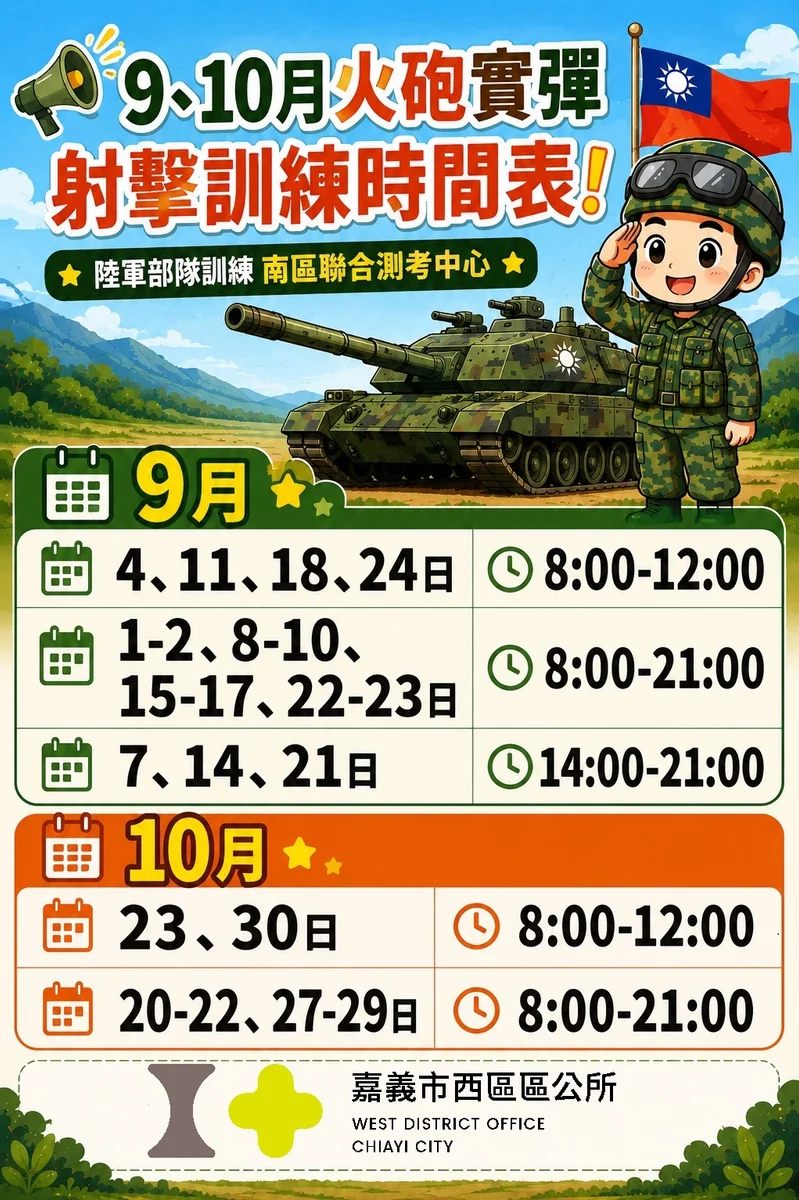 九、十月火砲實彈射擊 南區聯合測考中心公布時段