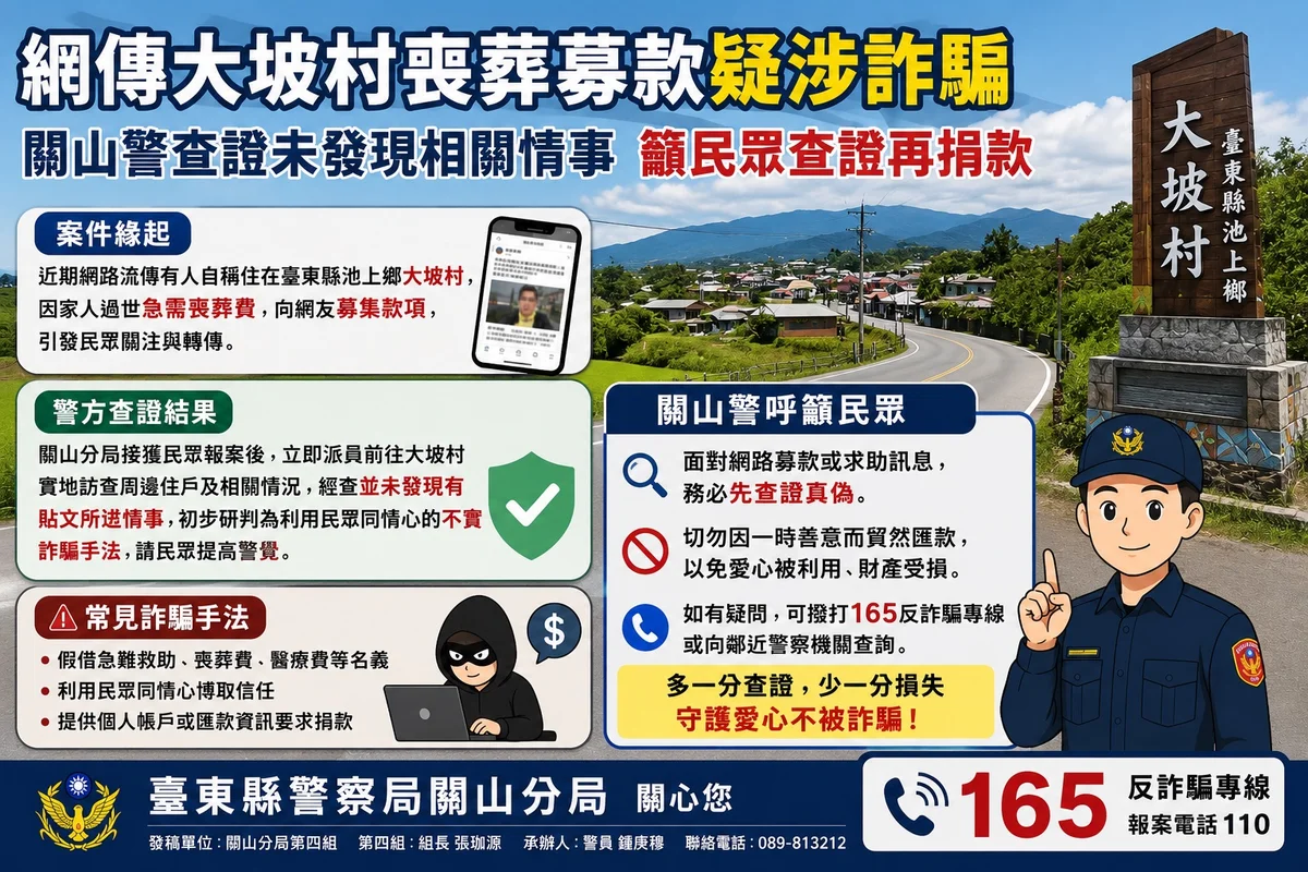 大坡村喪葬募款查無所述情事 關山警提醒先查證再匯款