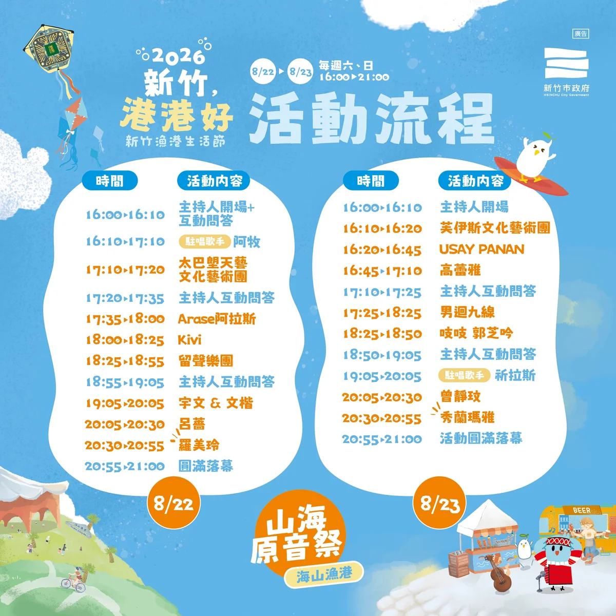 香山海山漁港8月22、23日辦山海原音祭
