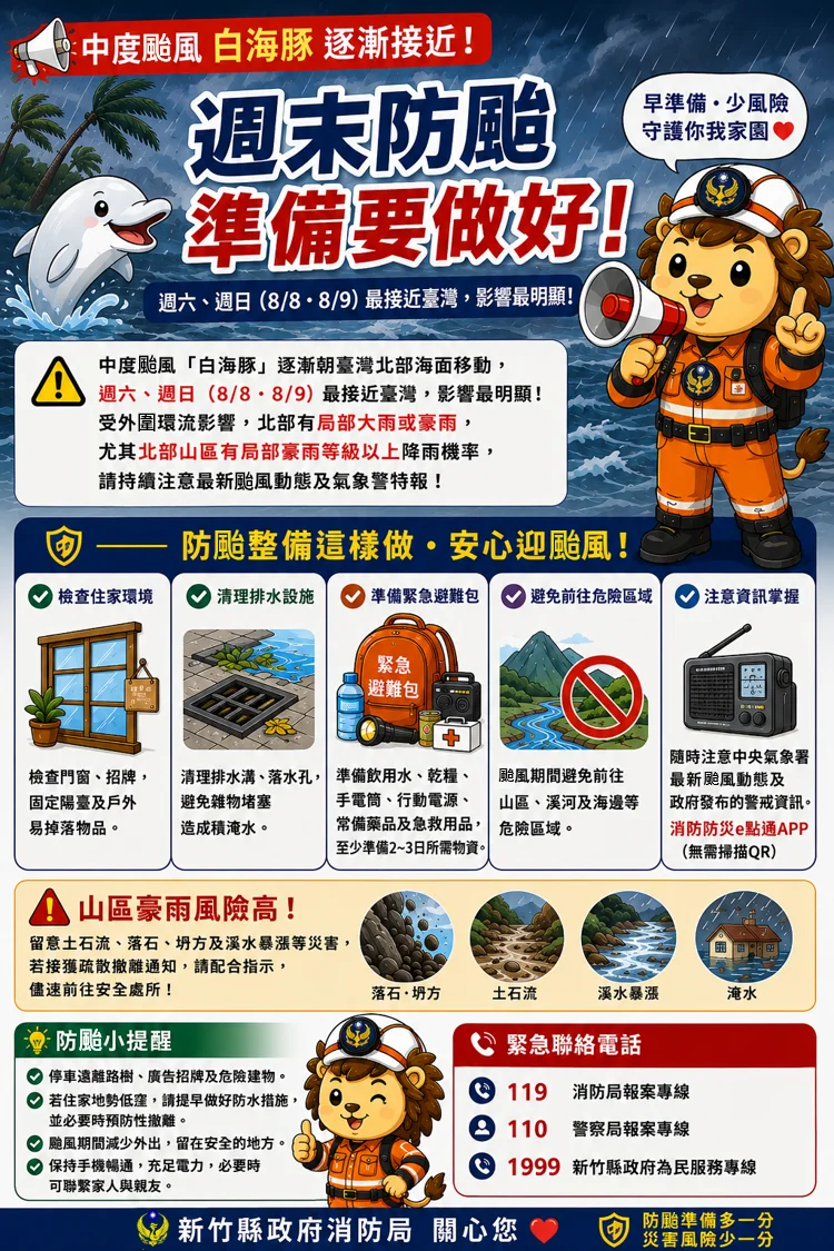 白海豚週末最接近臺灣 新竹縣消防局提醒先做好防颱整備