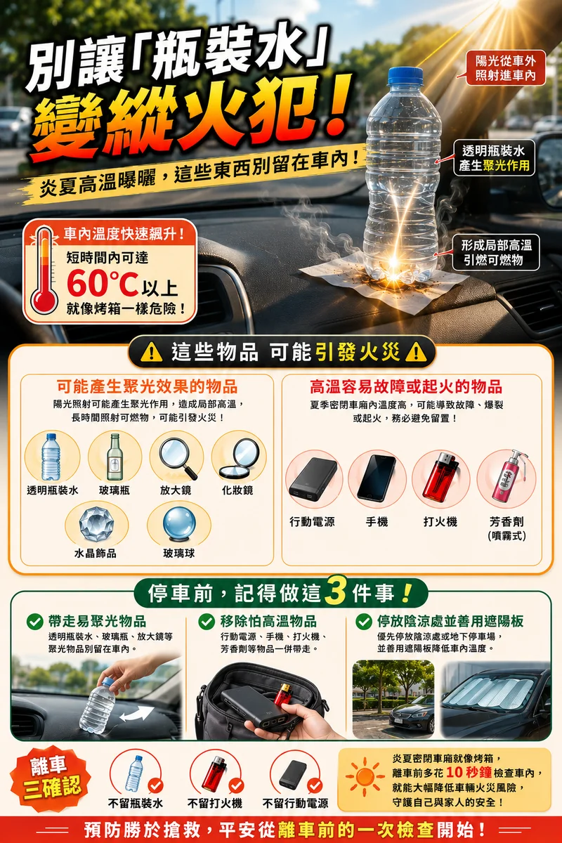 花壇路邊車內冒火 彰化消防提醒別把瓶裝水留車上