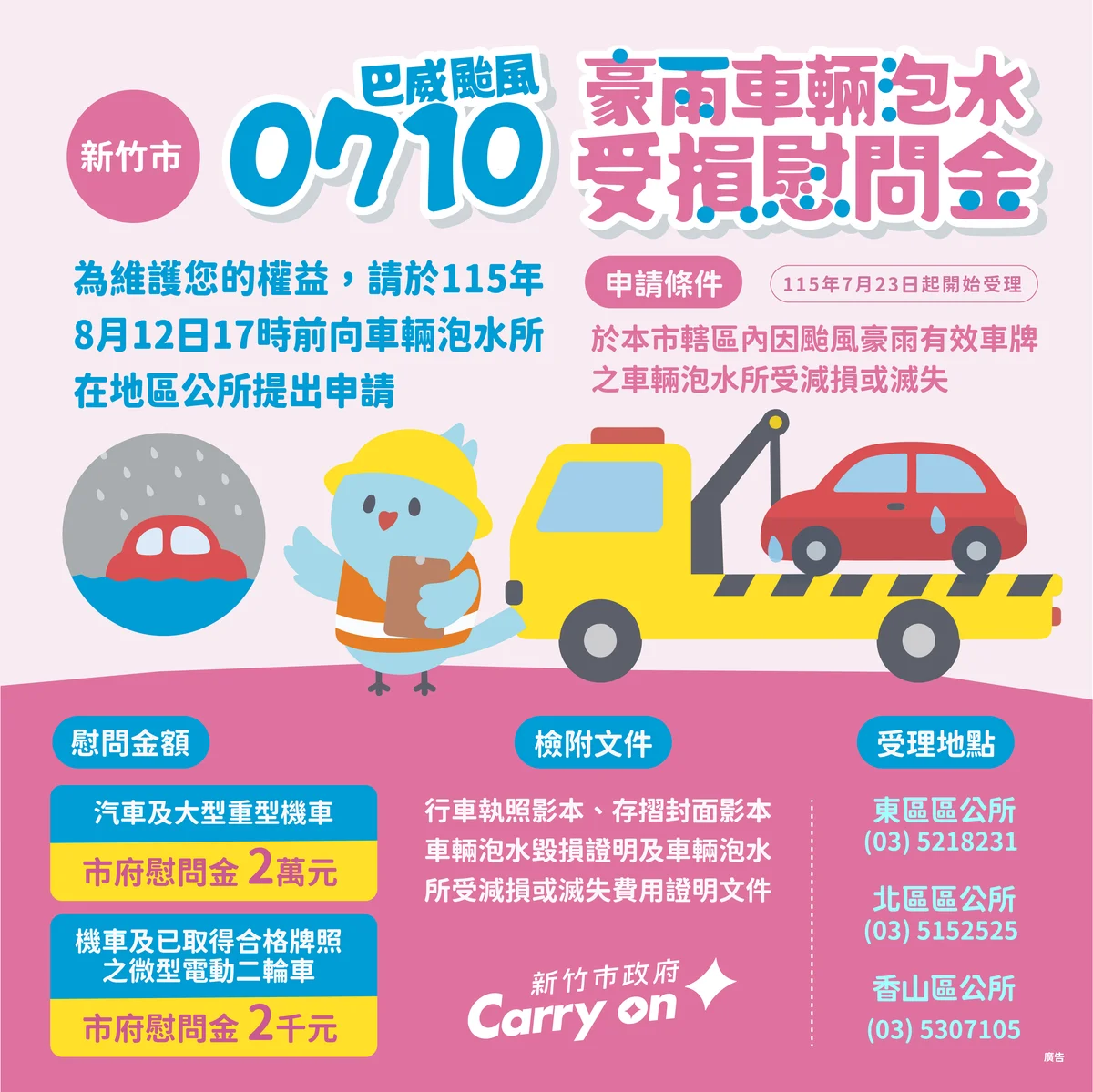 車泡水怎麼辦 新竹市慰問金7月23日起受理申請