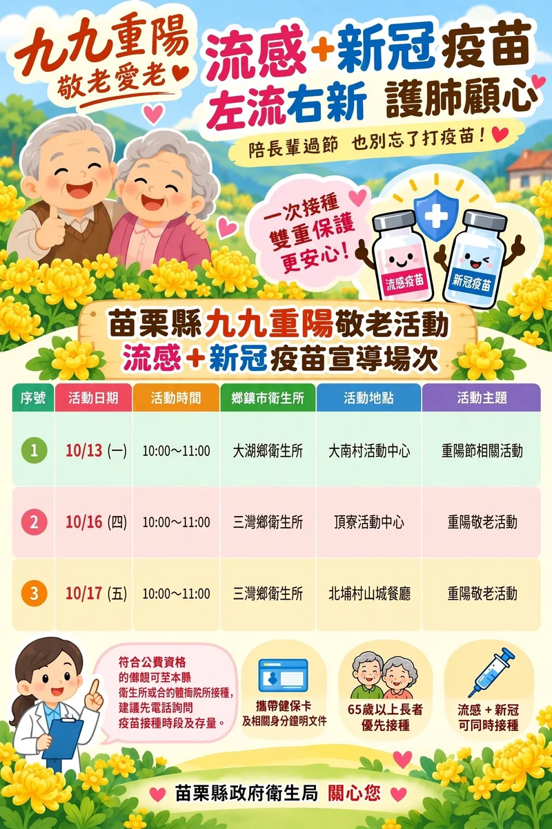 重陽關心長輩健康 苗栗籲陪伴接種流感及新冠疫苗